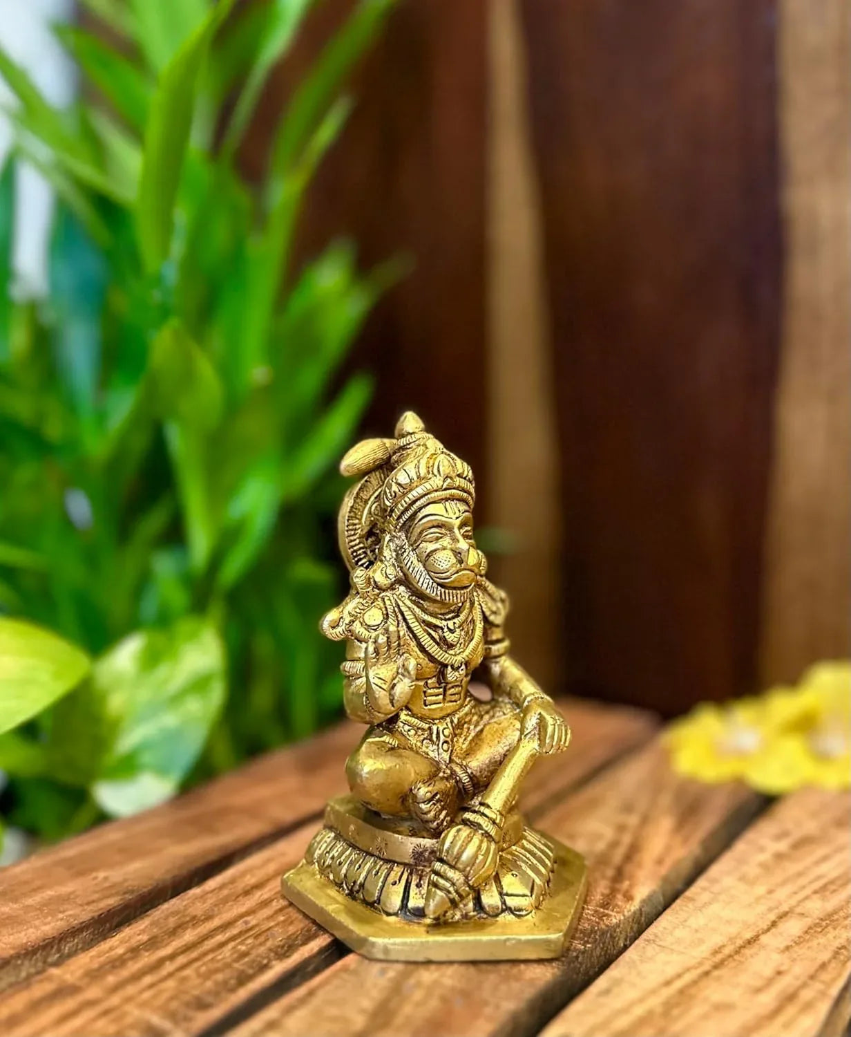 Lord hanuman brass statue of a deity on a wooden surface with greenery in the background