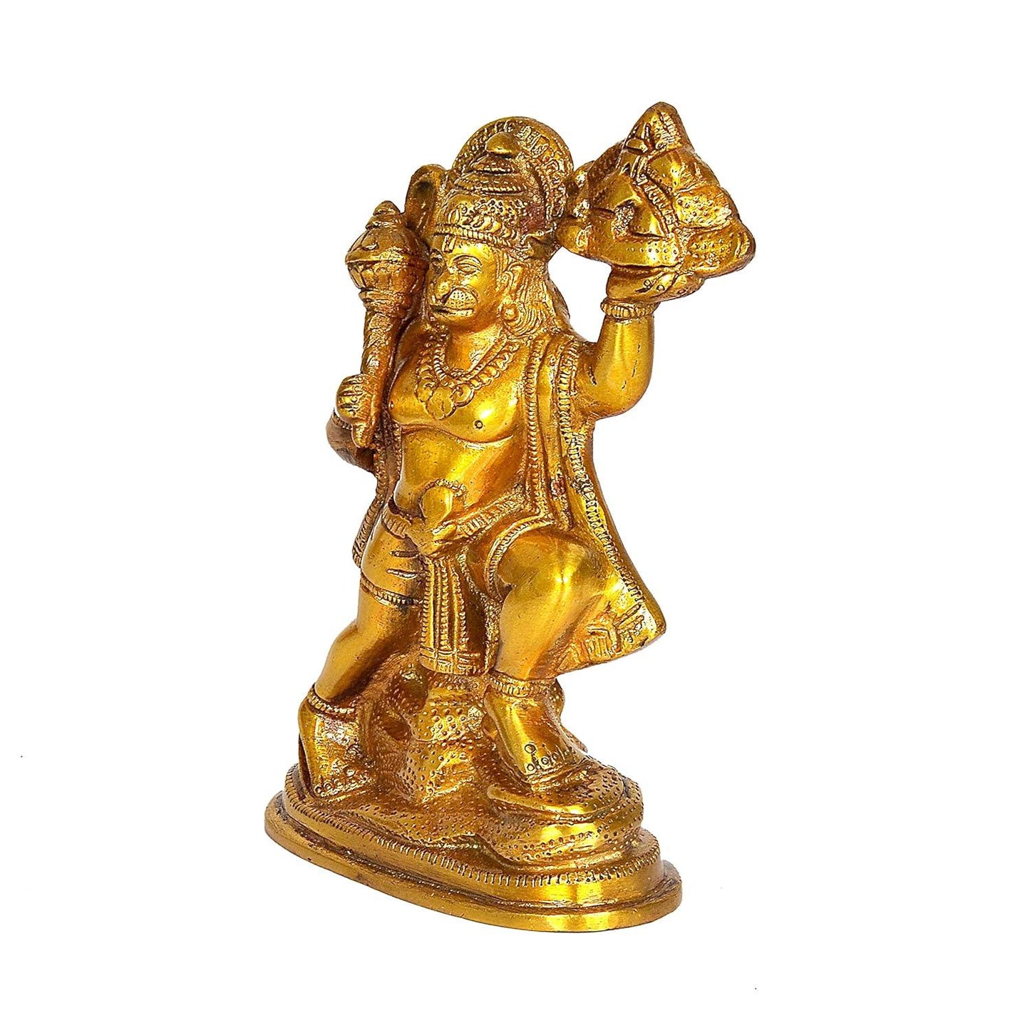 Handcrafted 6.5-inch solid brass Hanuman idol — flying pose carrying Sanjeevani mountain in right hand and gada in left, antique gold finish on oval base — ArtyCraftz