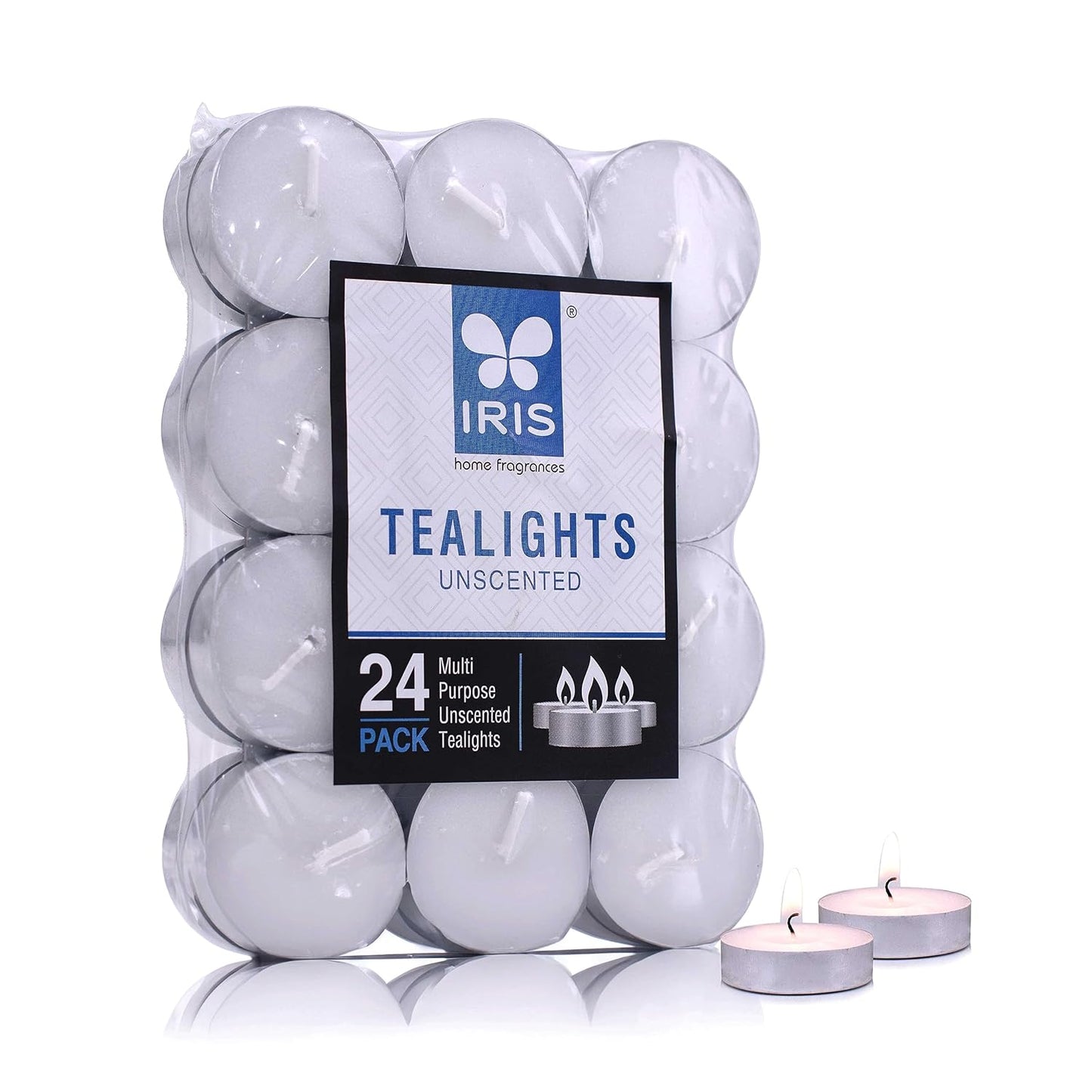 New set of unscented 24 tea lights in a uniformed pack