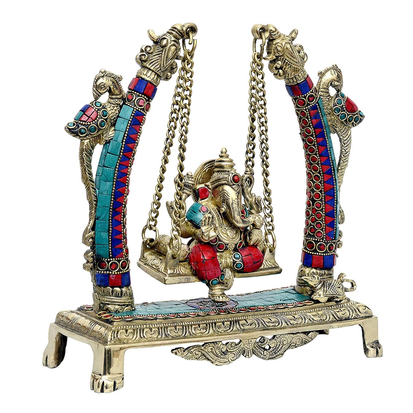 Brass Ganesha with Parrots Sitting on a Swing Idol