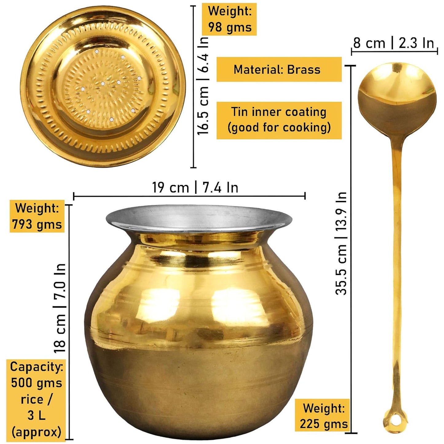 Traditional Brass Pongal Pot with Ladle – Auspicious South Indian Cookware