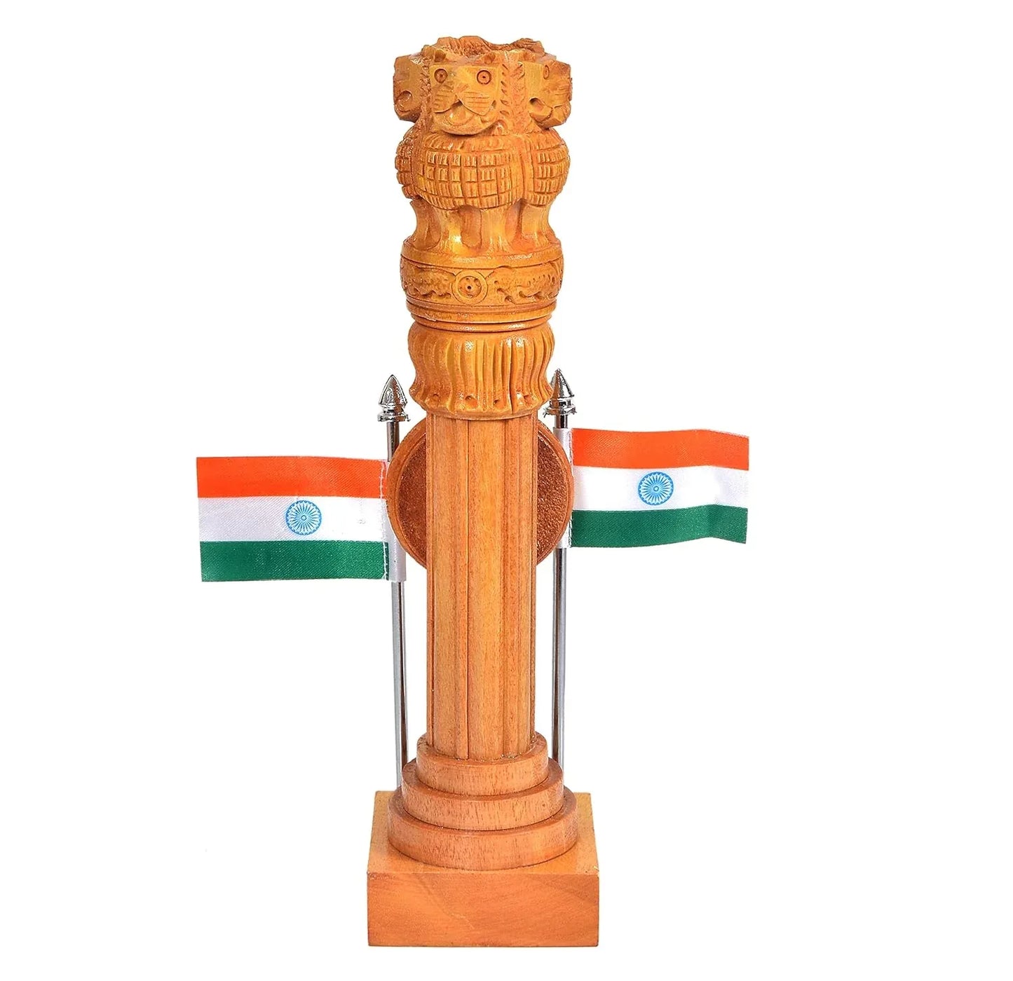 Wooden Ashoka Pillar Table Decor with Clock & Indian Flags – 9 Inch