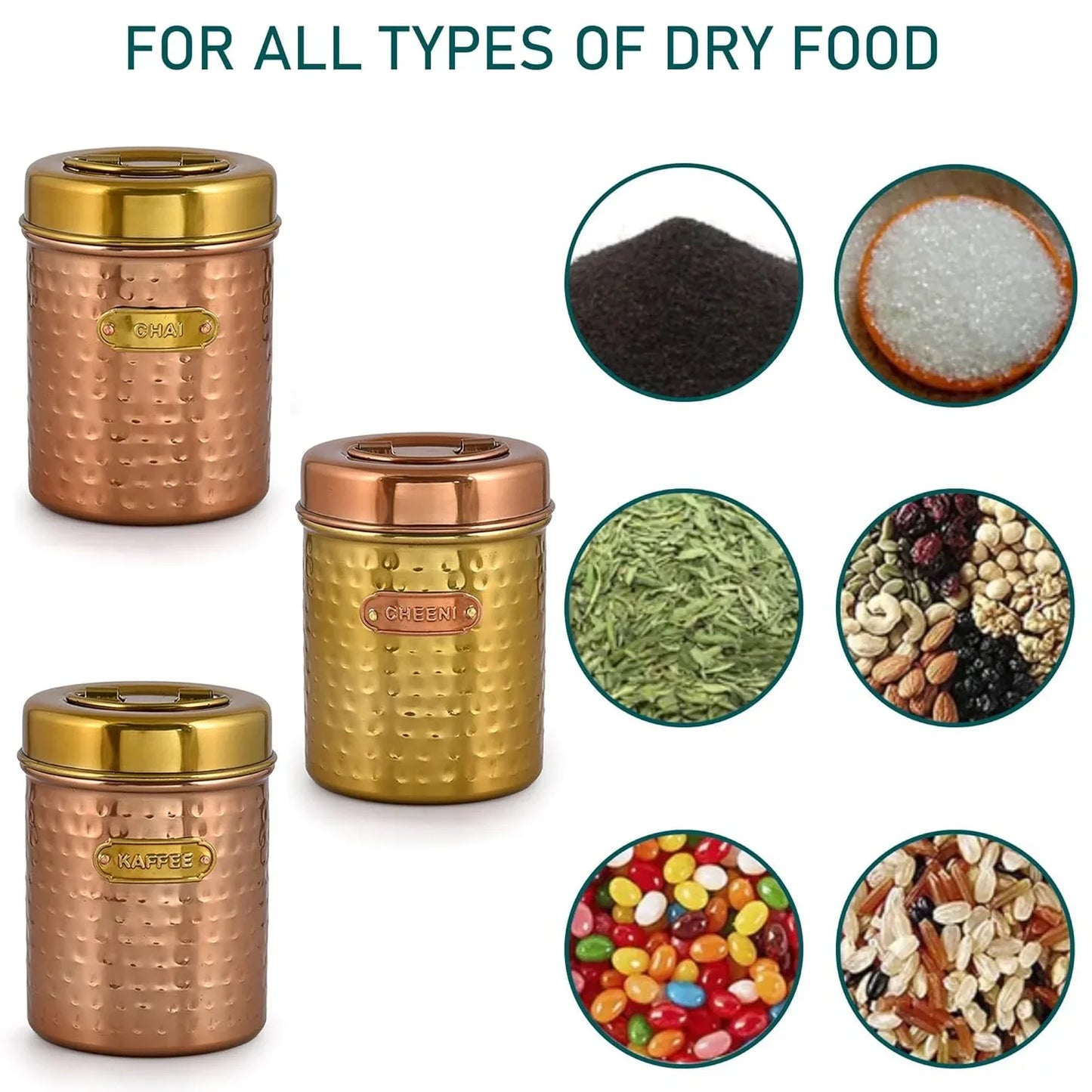 Set of copper canisters with images of various dry foods on a white background