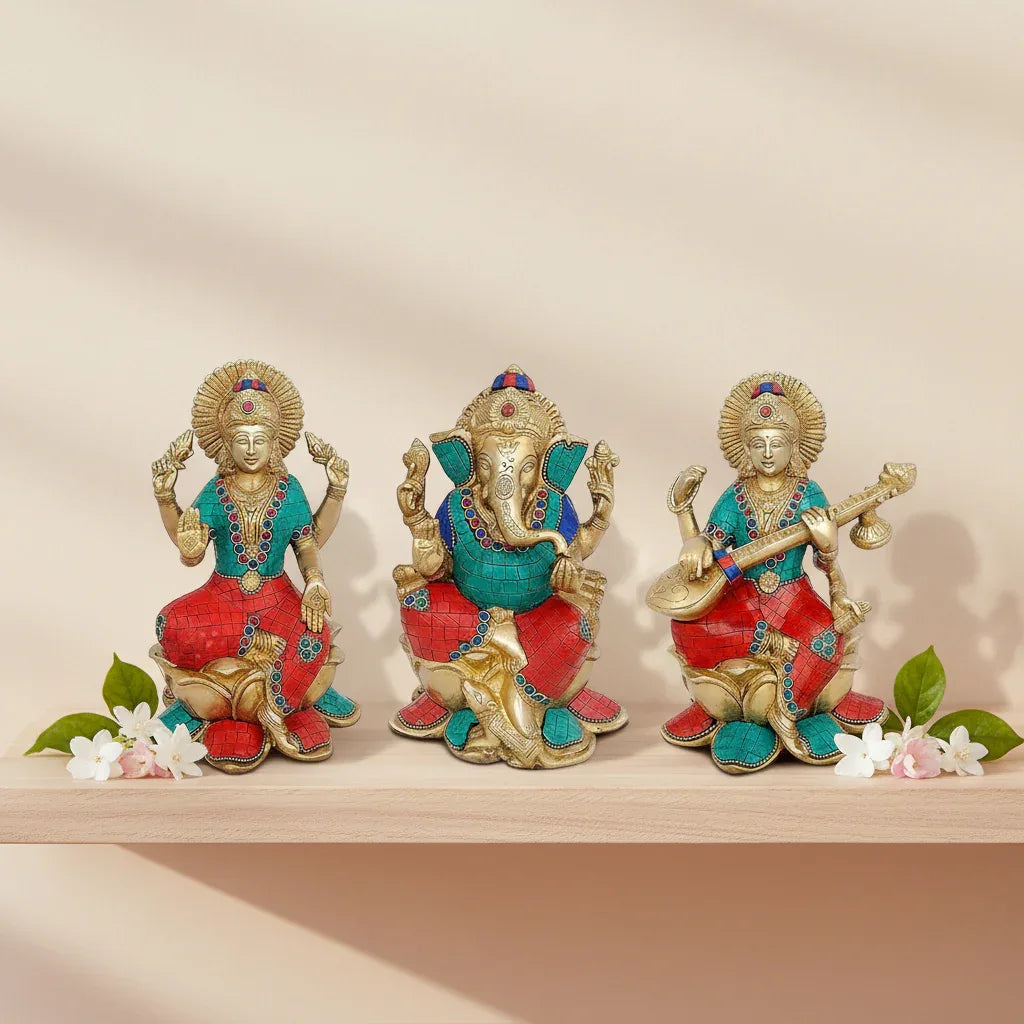 Brass Saraswati Lakshmi and Ganesha on lotus Multicolor Statue-ArtyCraftz.com