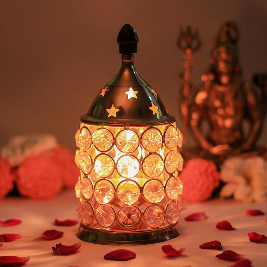 Brass Crystal Beaded Akhand Jyoti Diya