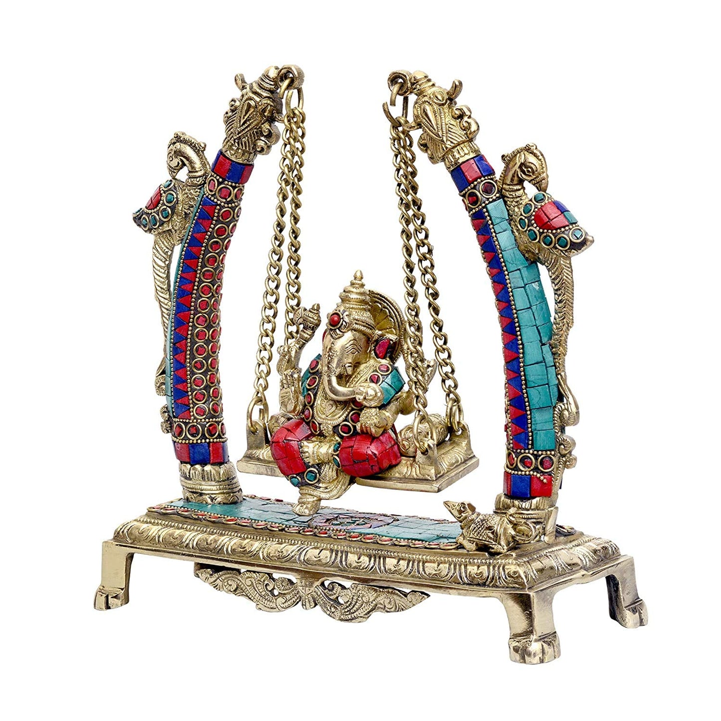 Brass Ganesha with Parrots Sitting on a Swing Idol