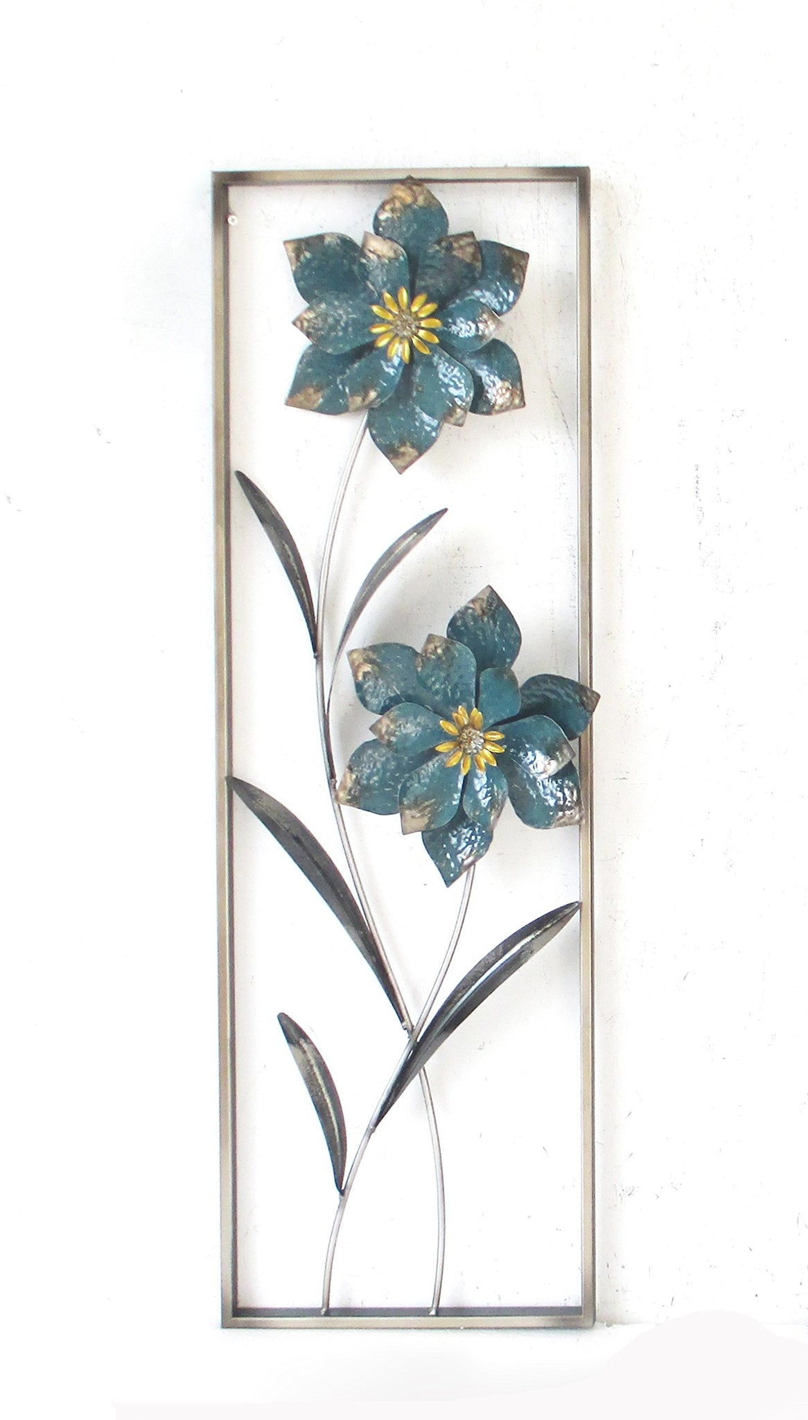 Blue Flowers and Leaves Metal Wall Decor with Frame 12"x36