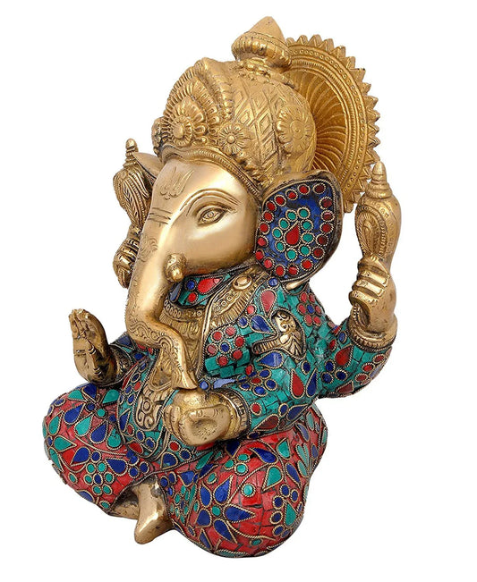 Handcrafted Brass Ganesha Statue with Colorful Inlay Work Premium Home Temple Idol (9.5 Inch)