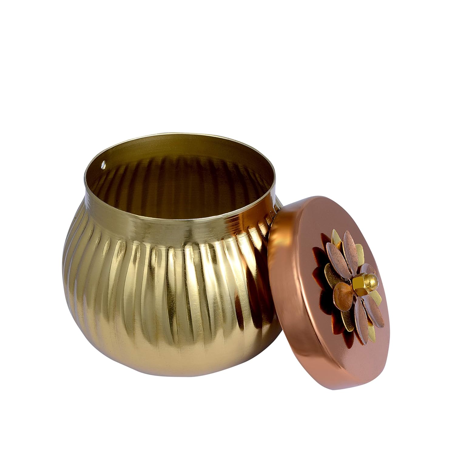 Gold decorative container with a lid featuring a floral design