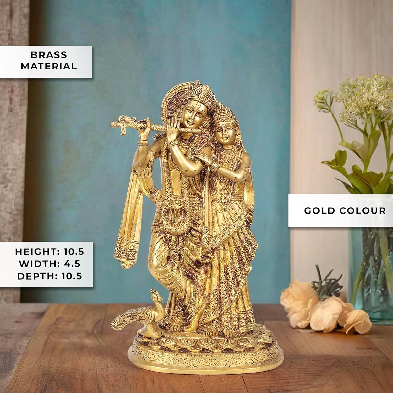 Brass Radha Krishna Idol with Flute 12 Inches-ArtyCraftz.com