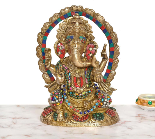 Handcrafted Multicolor Brass Ganesha Idol with Decorative Arch for Home Temple – 10 Inch