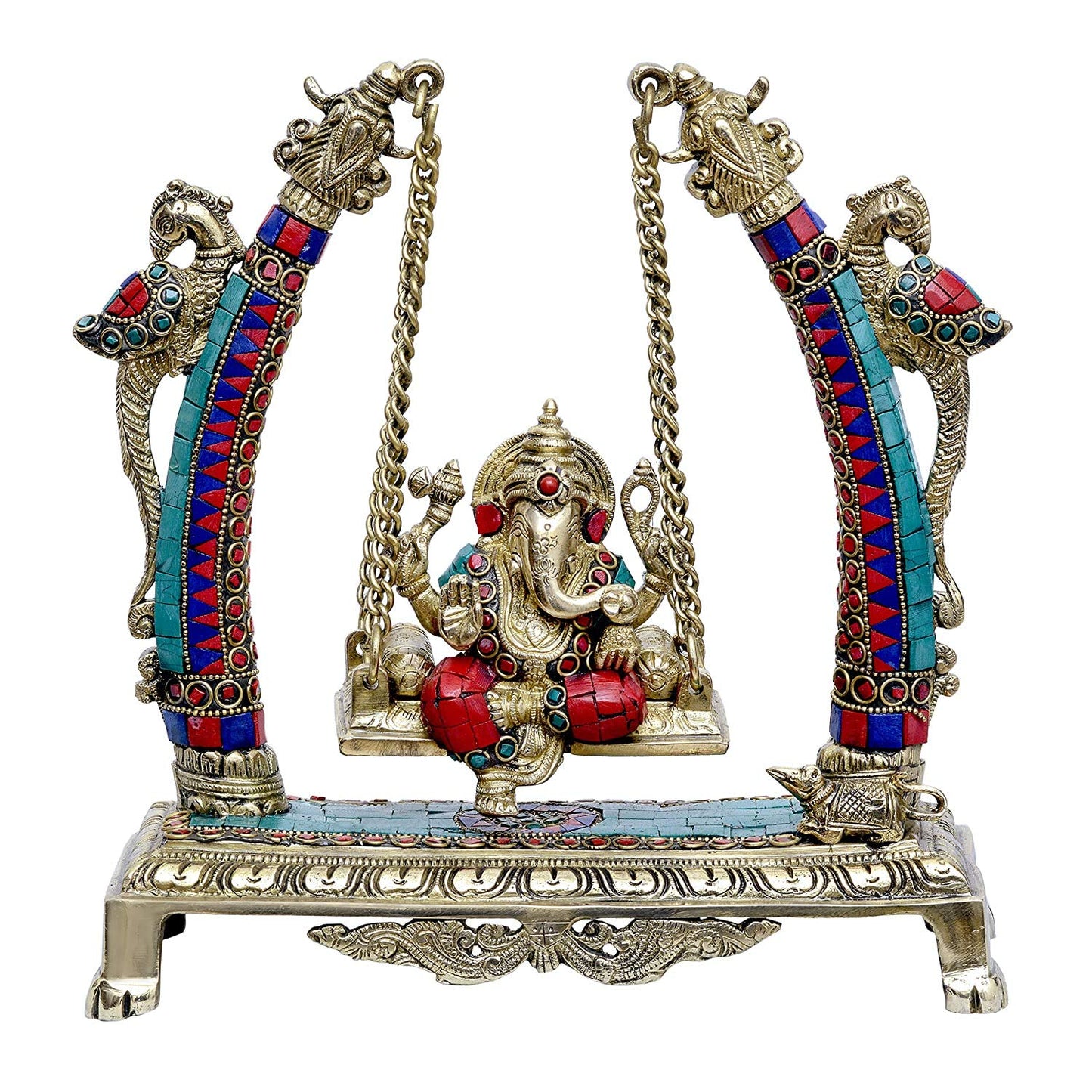 Brass Ganesha with Parrots Sitting on a Swing Idol