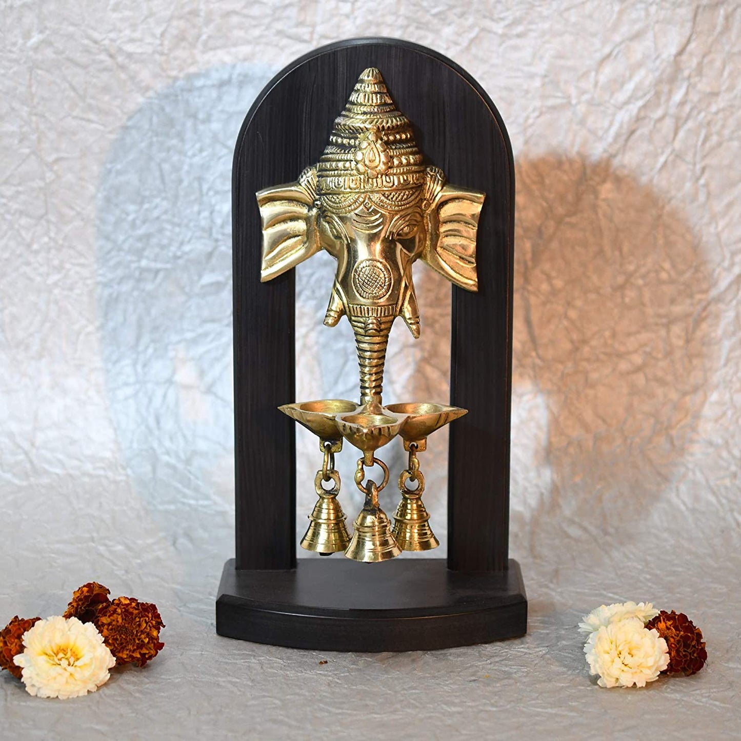 Ganesha Wooden Base Diya With Bells Showpiece