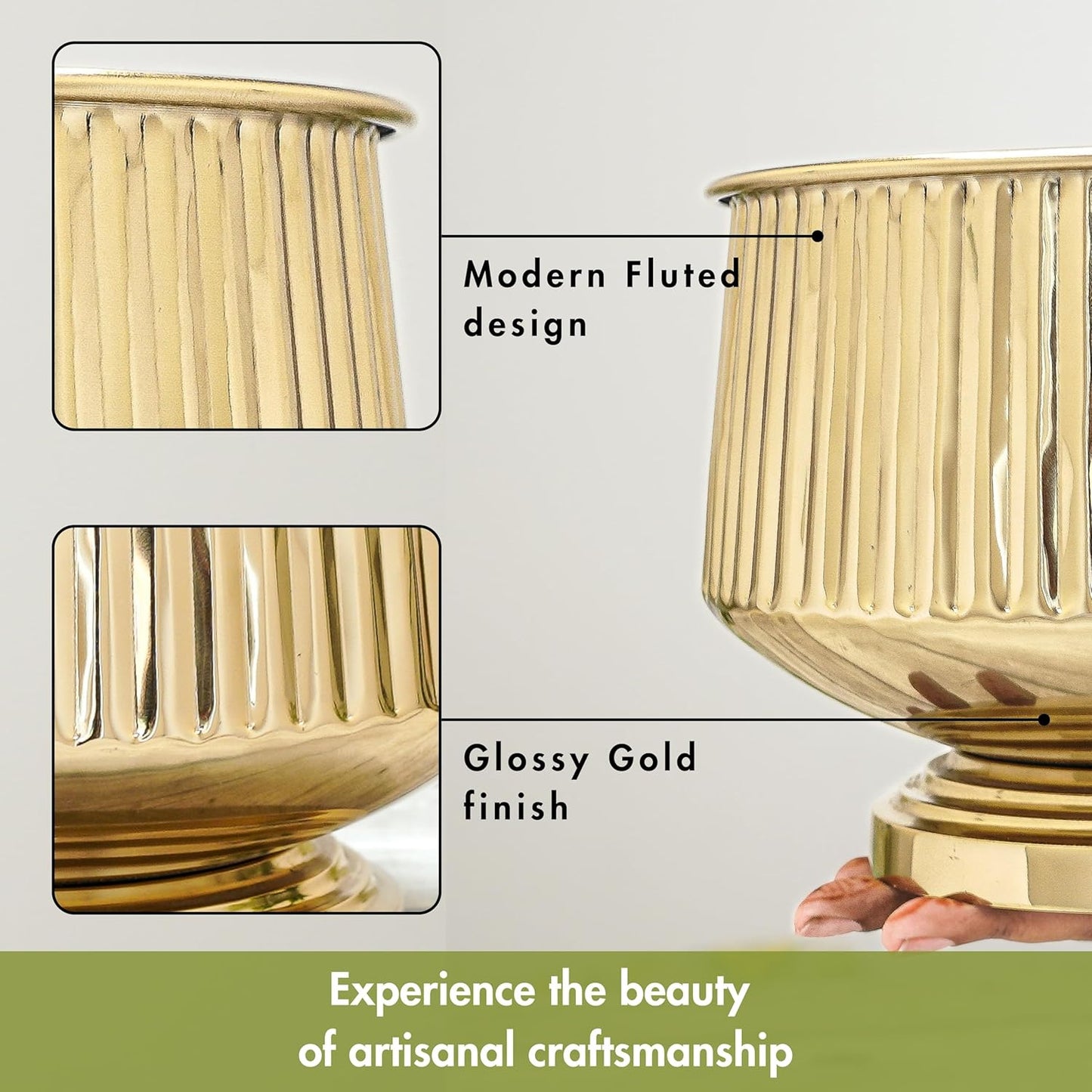 Gold decorative vase with fluted design and glossy finish, labeled 'Modern Fluted design' and 'Glossy Gold finish'.