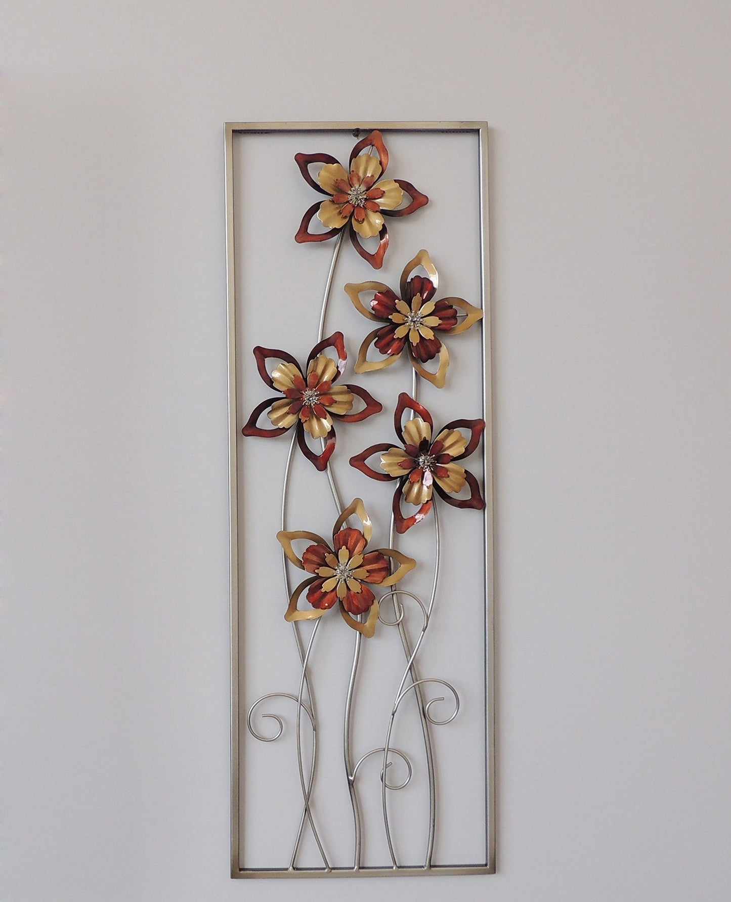 Burgundy and Brown Flowers Metal Wall Decor with Frame 13"x36"