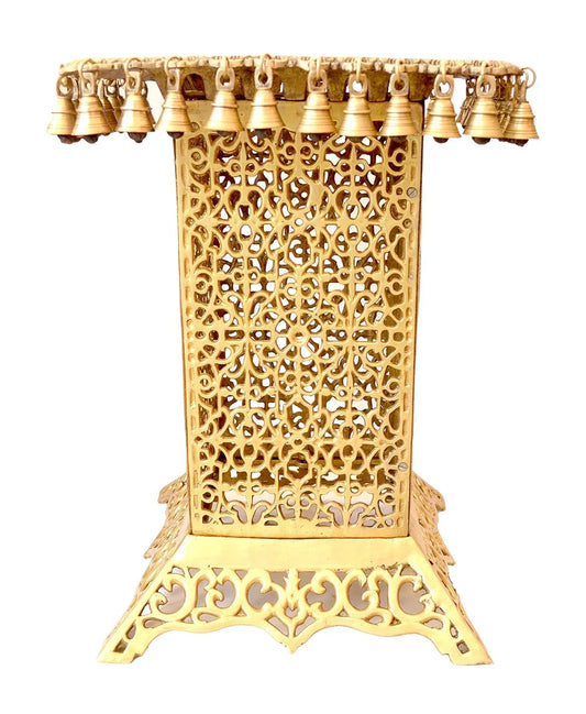 Brass Temple Pooja Chowki with Bells – Traditional Decorative Mandir Stool