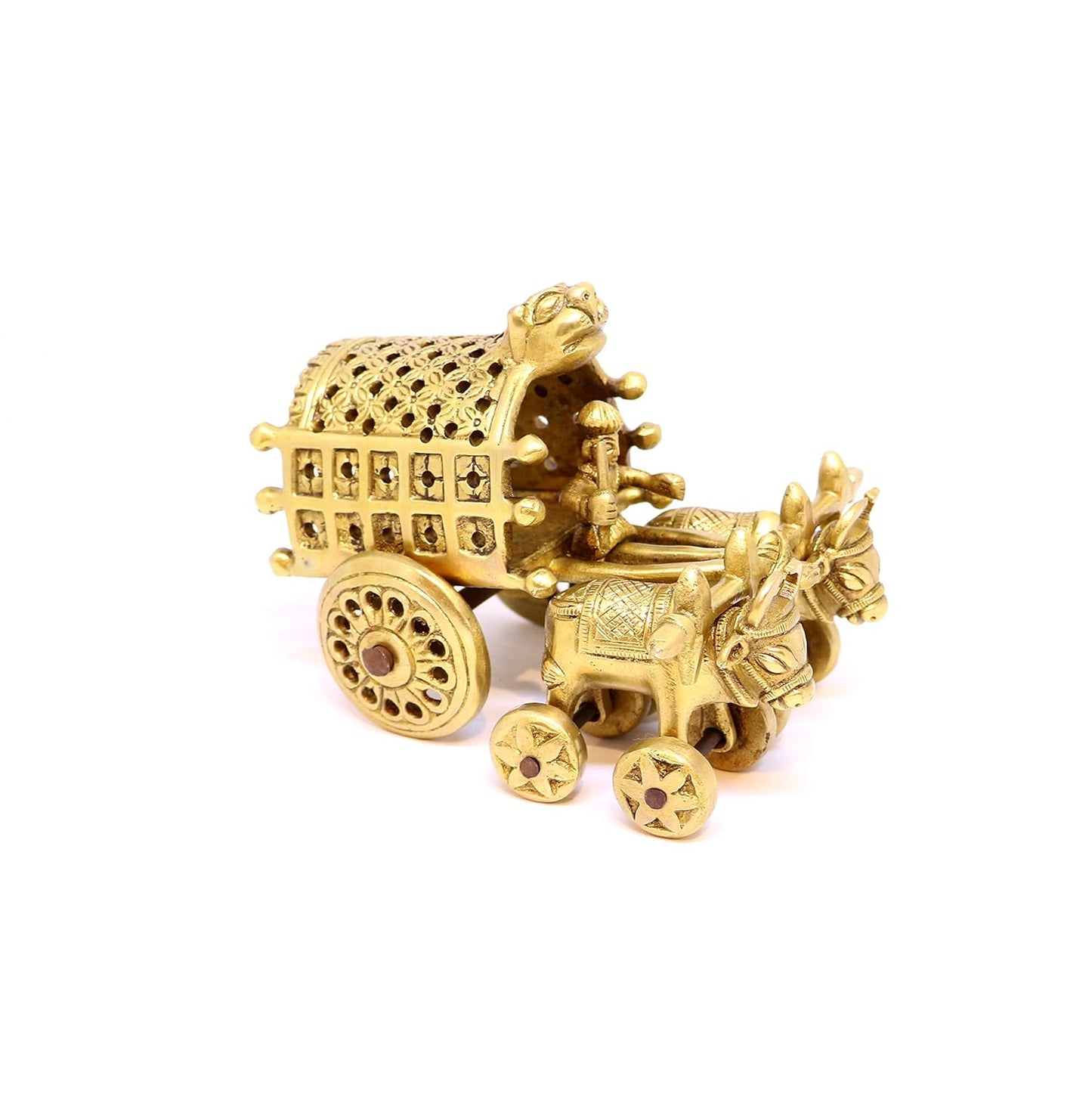 Gold-colored decorative chariot figurine on a white background