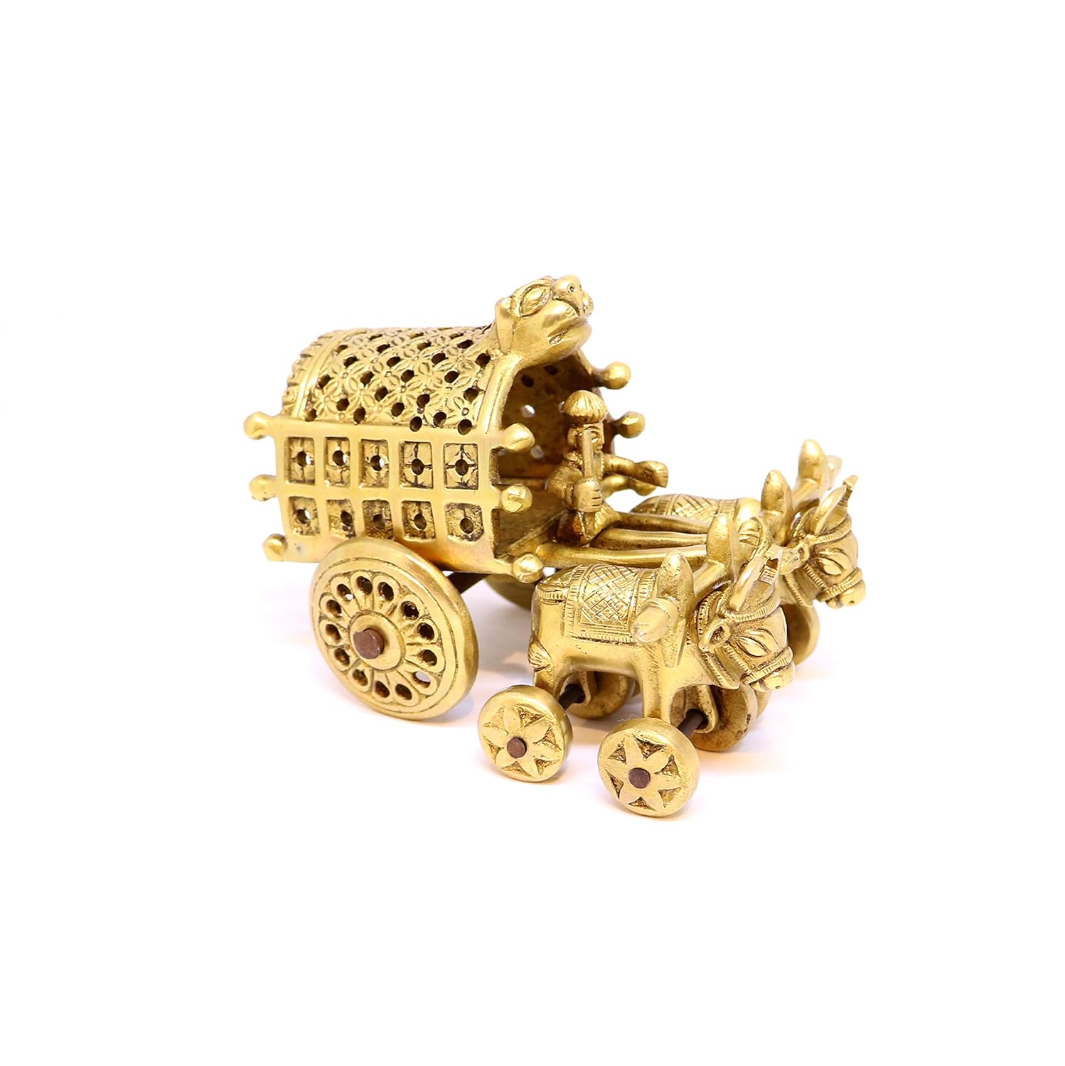 Gold-colored decorative chariot figurine on a white background