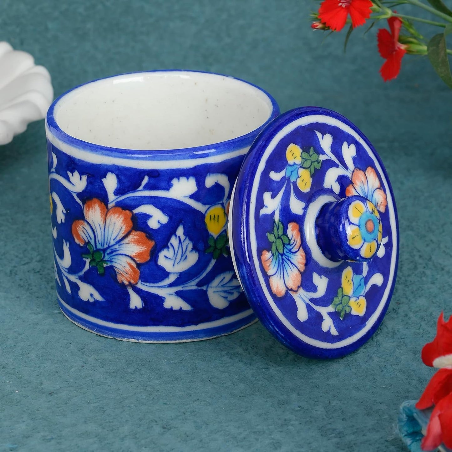 Handmade Handpainted Ceramic Airtight Jar for Coffee and Tea Powder Blue Color
