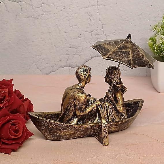 Resin Golden Boat Love Couple Statue on Side View