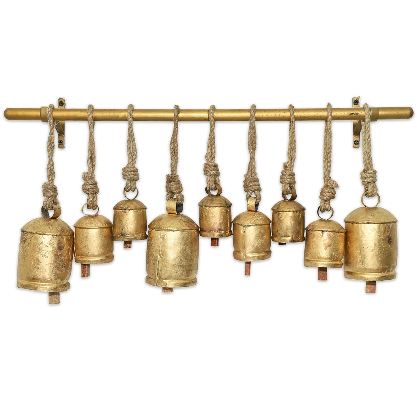 Rustic Gold Cow Bell Chime Set - Small 9-Bell Design on 2-Rod Hanging Bar with 2", 4", and 6"