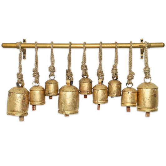 Rustic Gold Cow Bell Chime Set - Small 9-Bell Design on 2-Rod Hanging Bar with 2", 4", and 6"