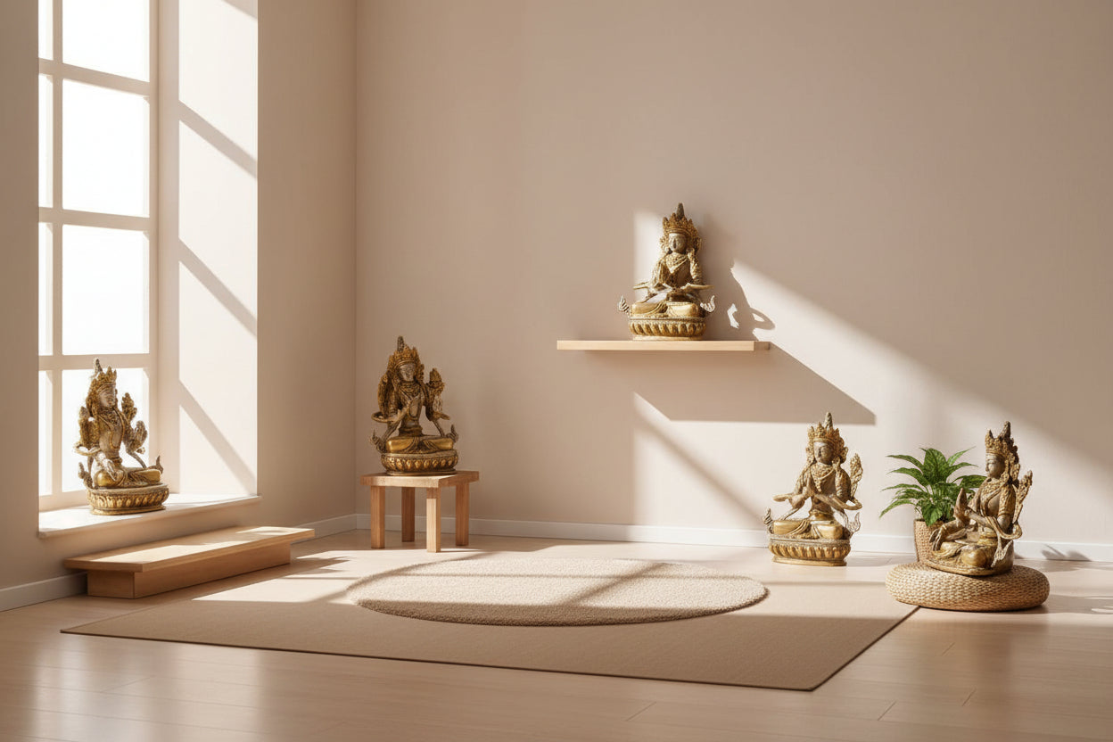 Brass Tibetan Green Tara, Manjushri, Chenrezig, Vajradhara and White Tara Gold Idol-ArtyCraftz.com