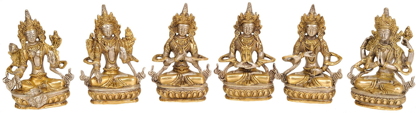 Brass Tibetan Green Tara, Manjushri, Chenrezig, Vajradhara and White Tara Gold Idol-ArtyCraftz.com