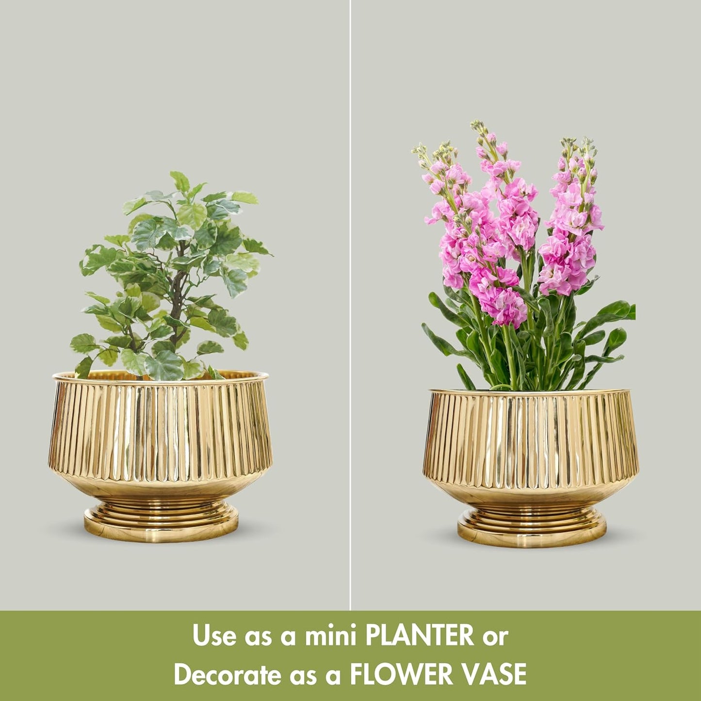 Gold decorative planter with plants