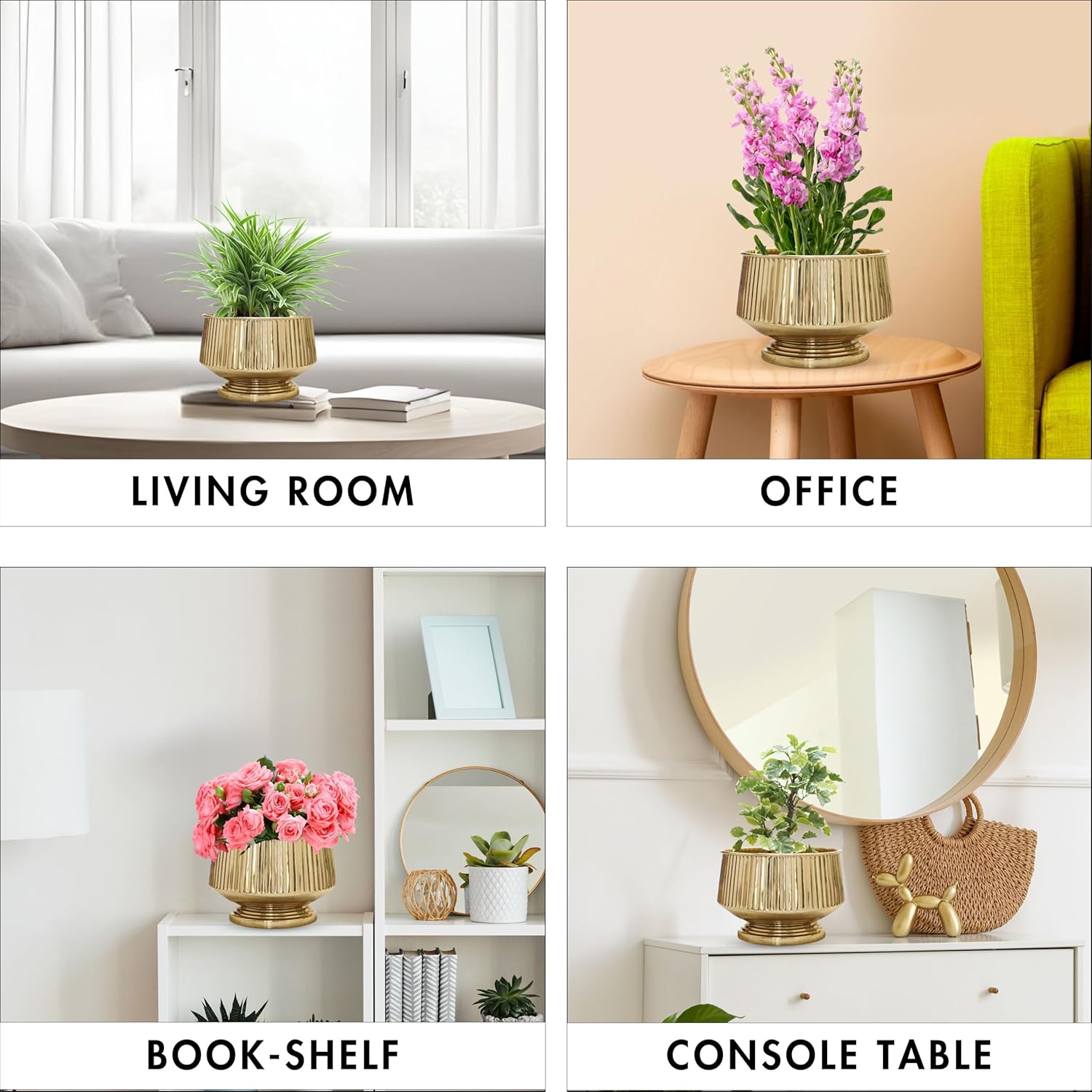 Collage of decorative pots with plants in different settings including living room, office, bookshelf, and console table.