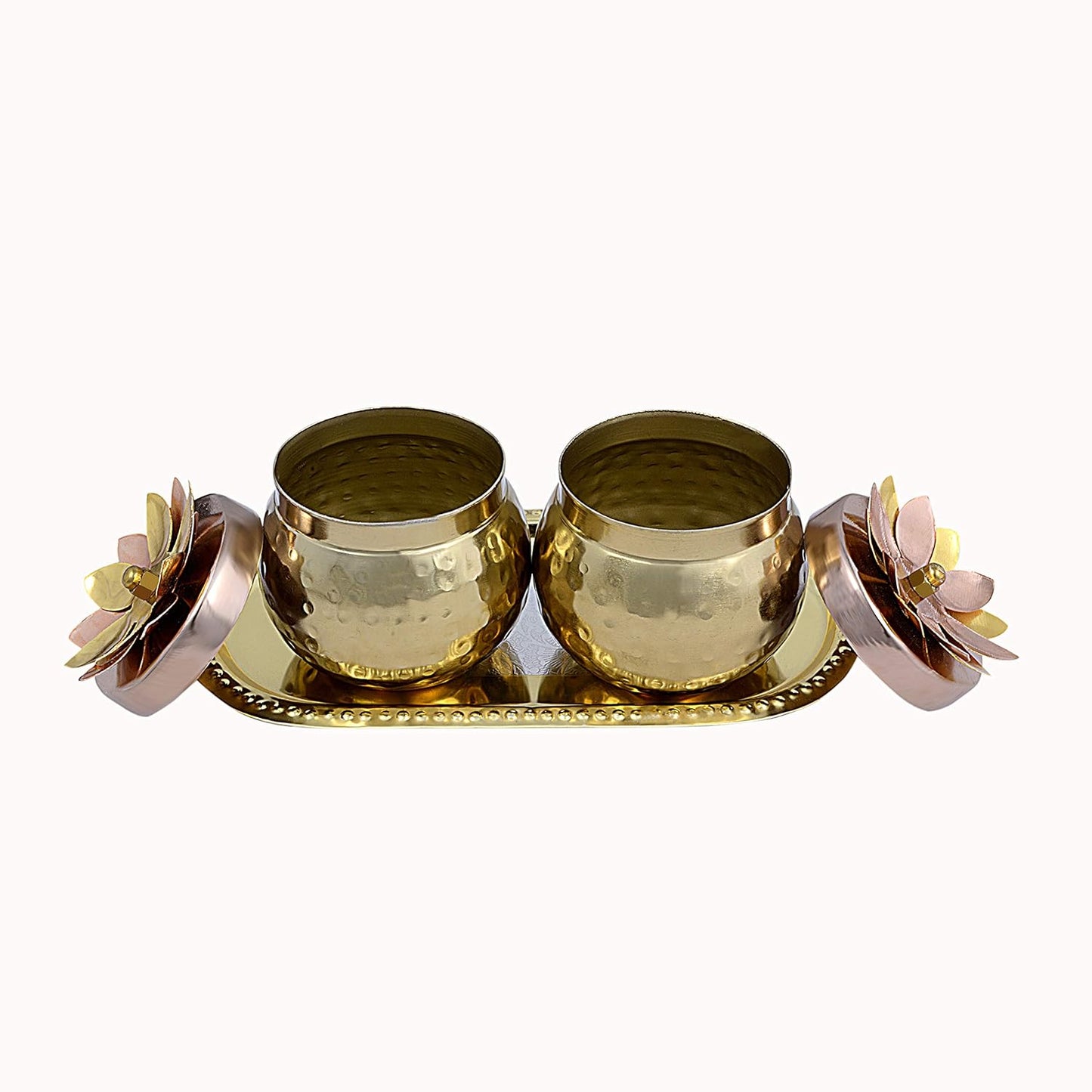 Metal Gold-Plated Dry Fruit Container Set with Flower Lid – Elegant Storage & Gifting