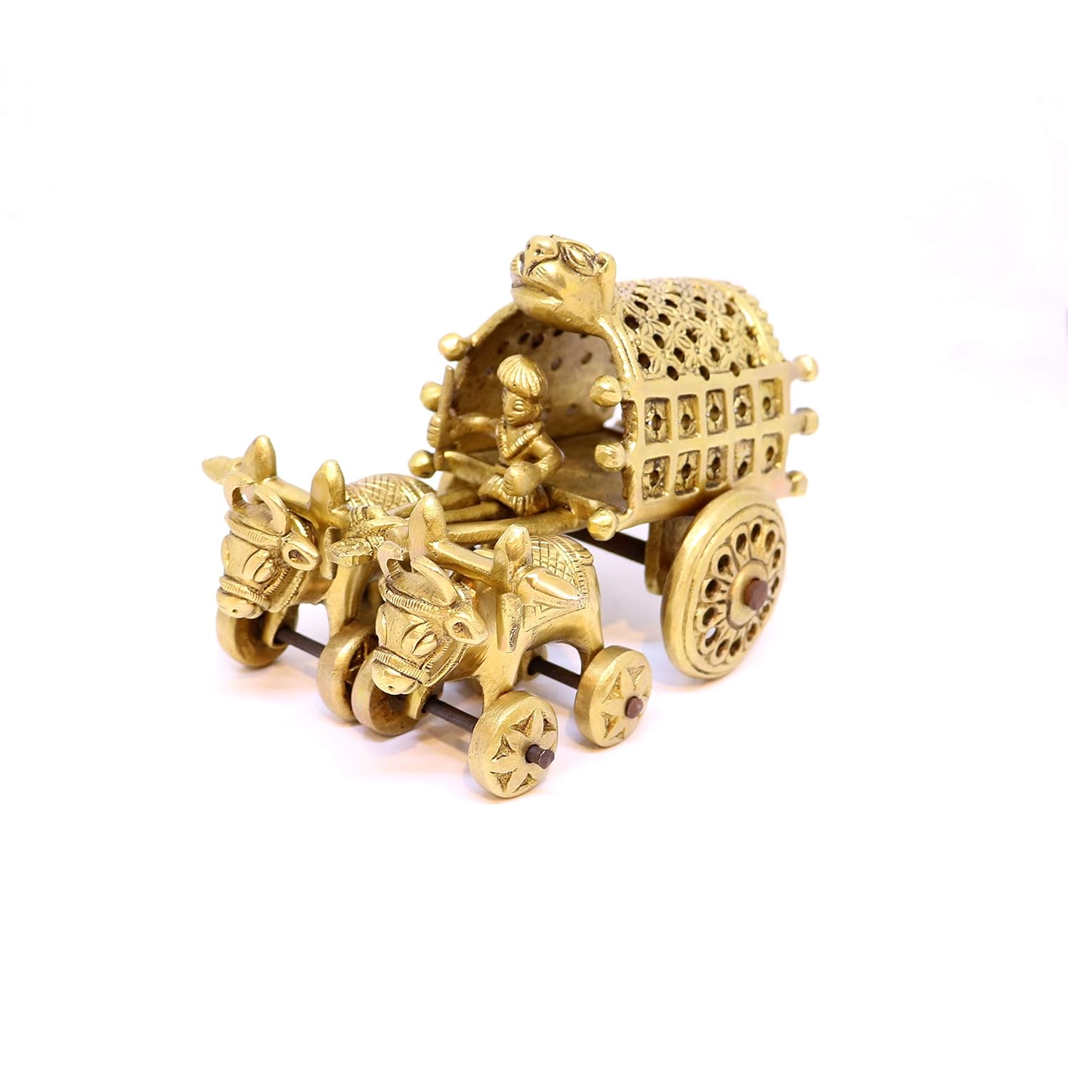 Gold-colored chariot figurine with horses on a white background