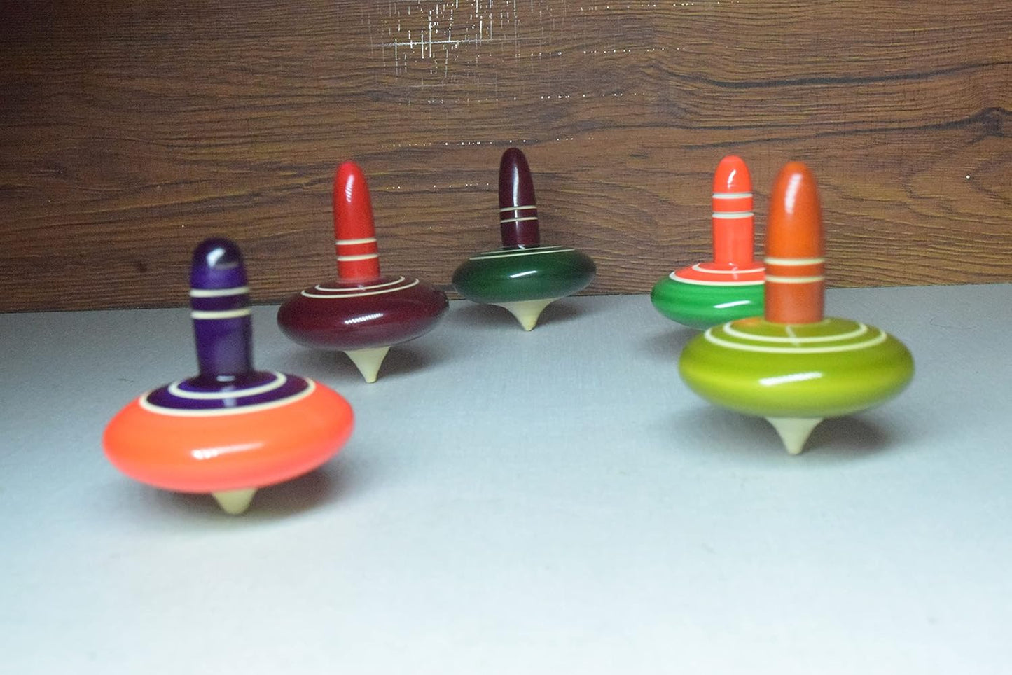 Channapatna Toys Wooden Hand Spinning Tops 5 nos (Buguri, Lattu) Multi Color