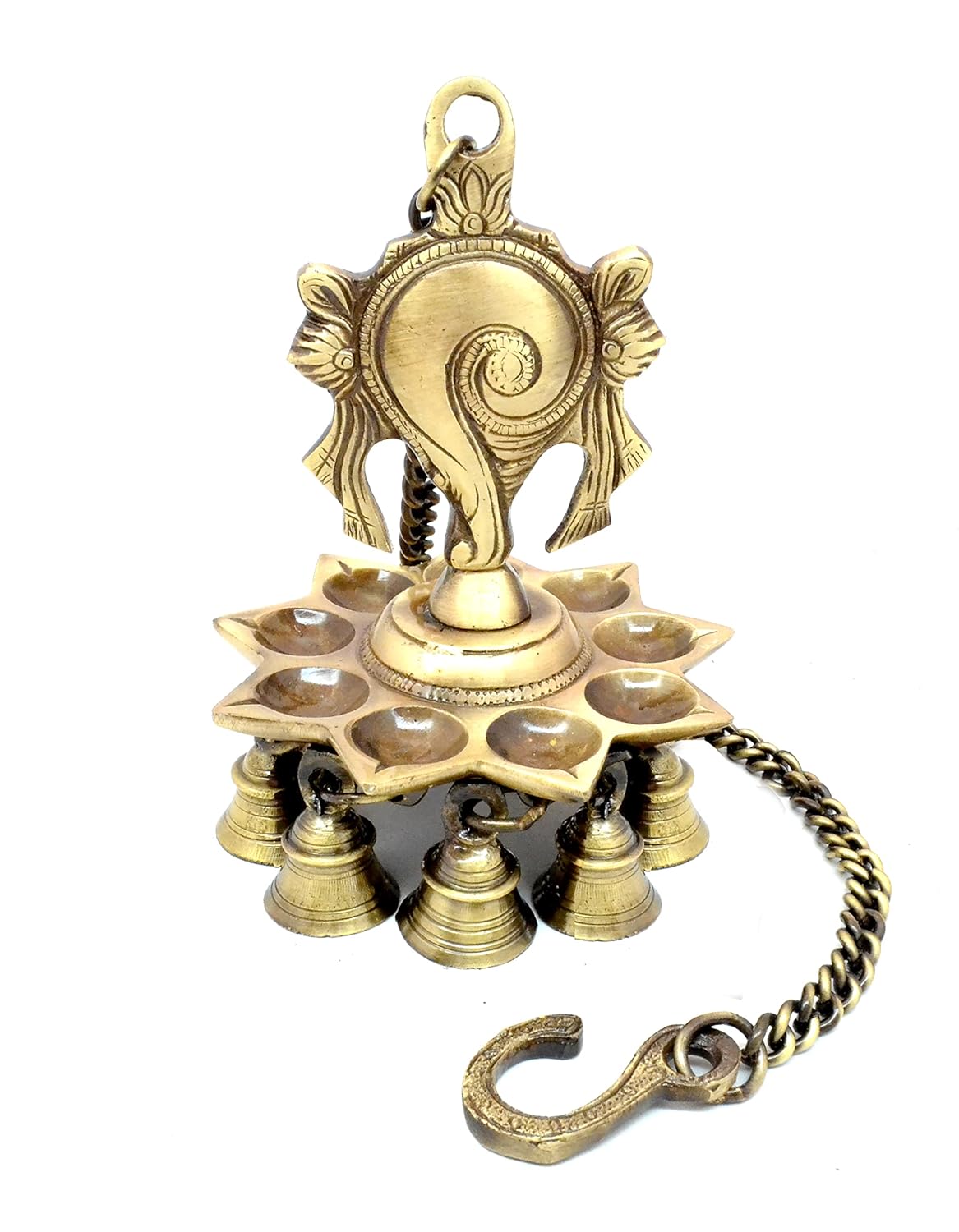 Brass Shankh hanging lamp with 9 wicks and bells for pooja room décor-ArtyCraftz.com