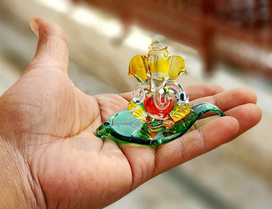 Glass Ganesha Idol on Leaf Base-ArtyCraftz.com