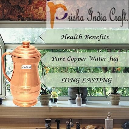 Pure Copper Maharaja Jug 1800 ML with 2 Pure Copper Plain Glass Set, Copper Drinkware Set