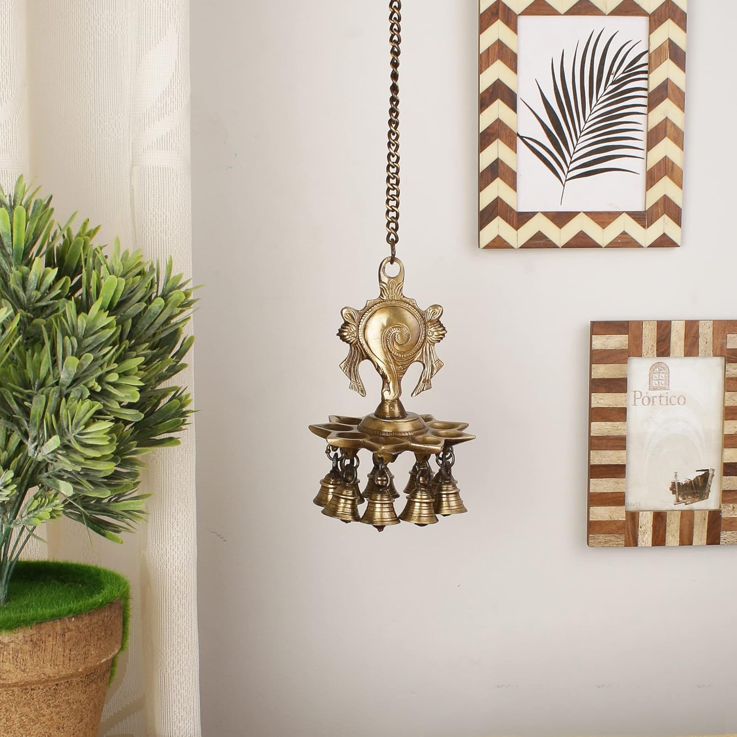 Brass Shankh hanging lamp with 9 wicks and bells for pooja room décor-ArtyCraftz.com