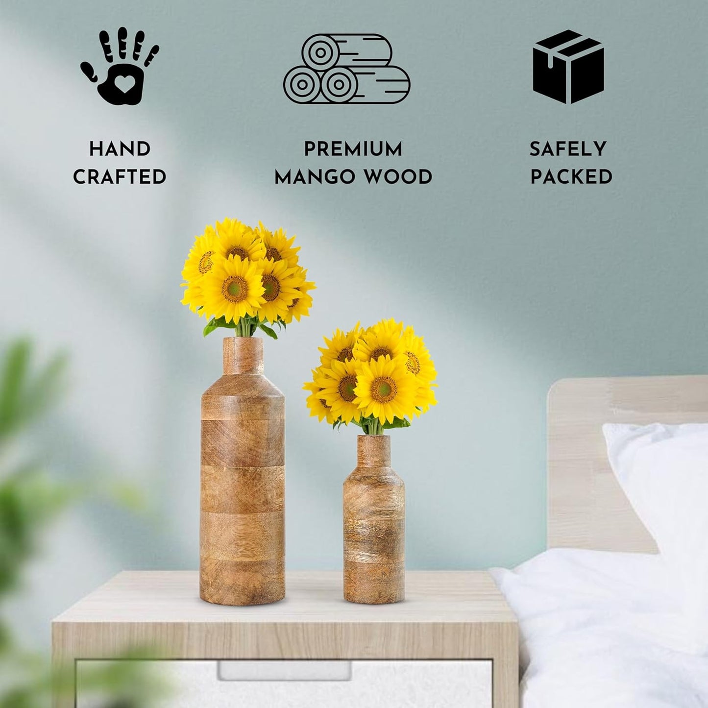 Two sunflower vases on a table with icons and text indicating 'Hand Crafted', 'Premium Mango Wood', and 'Safely Packed'.