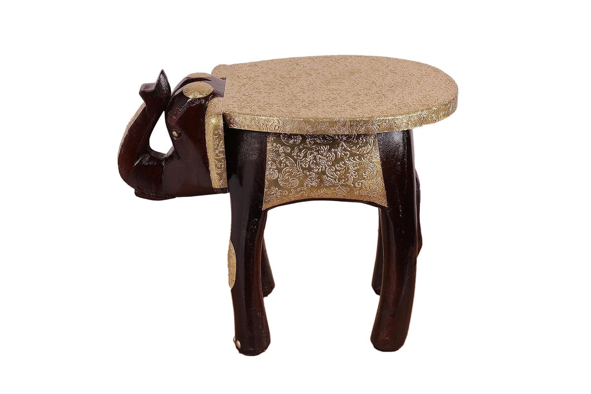 Handcrafted Wooden Elephant Stool with Brass Metal Sheet Work