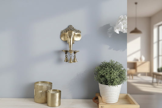 Crown Ganesh Brass Wall Hanging with 3 Diyas & Bells-ArtyCraftz.com