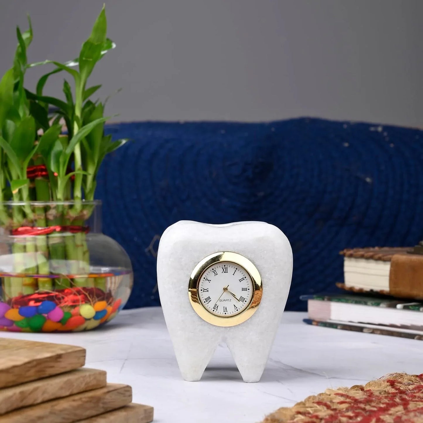 Tooth Shaped Dentist Desk Marble Table Clock for Decor and Paper Weight, Gift for Dentists and Doctors (Clock with Pen Stand)