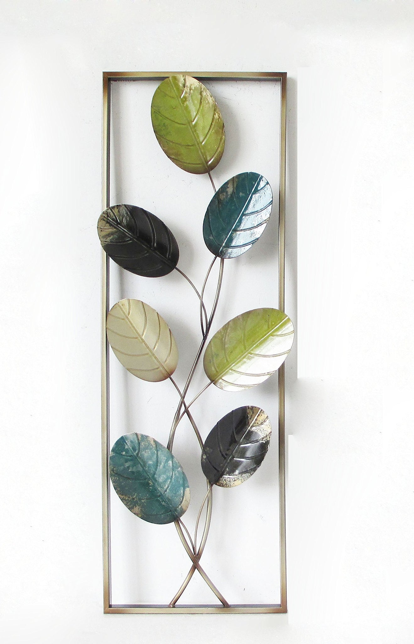 Multi Color Leaves Metal Wall Decor with Frame 12"x36