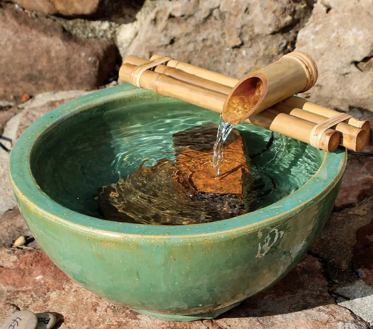 Bamboo Three Arm Water Spout & Pump with Green Pot Water Circulating