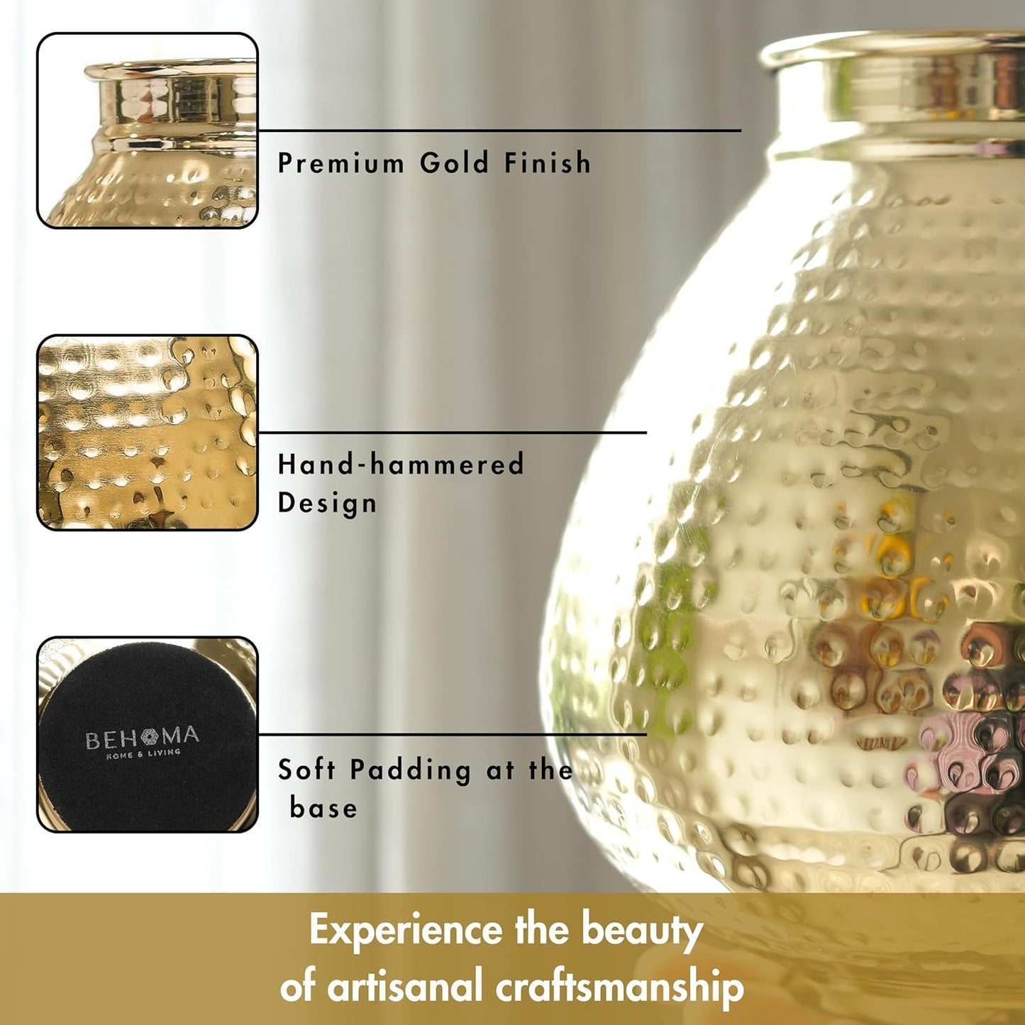 Gold vase with hand- hammered design and soft padding at the base, featuring Behoma branding.