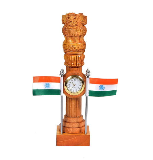 Wooden Ashoka Pillar Table Decor with Clock & Indian Flags – 9 Inch