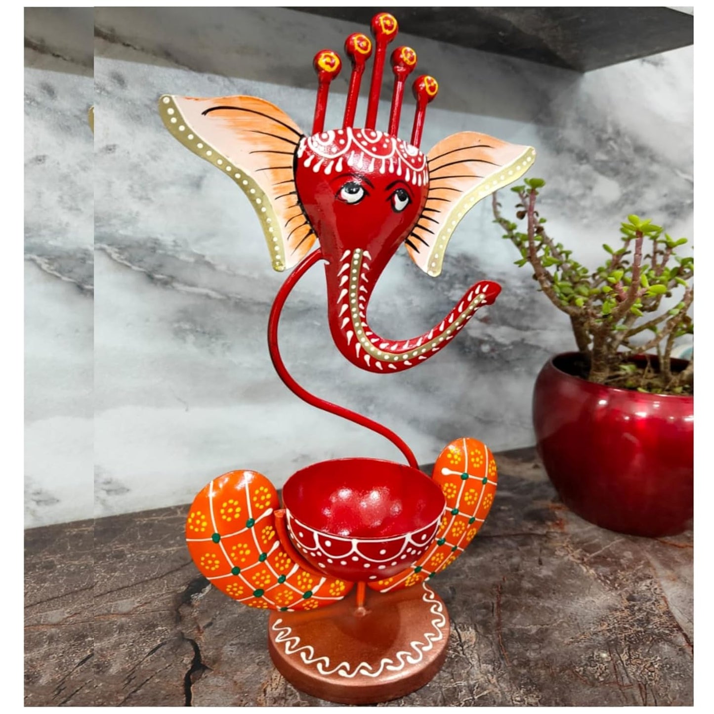 Iron Metal Lord Ganesh Tealight Candle Holder Red, 12 Inch