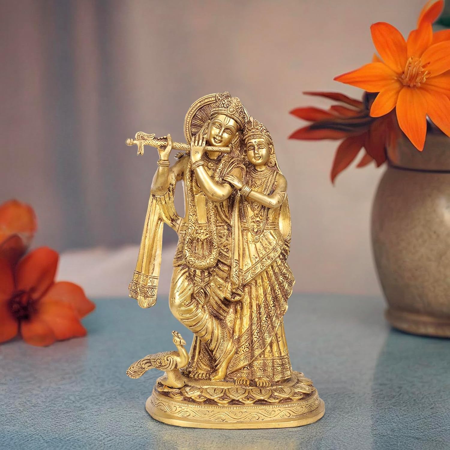 Brass Radha Krishna Idol with Flute 12 Inches-ArtyCraftz.com