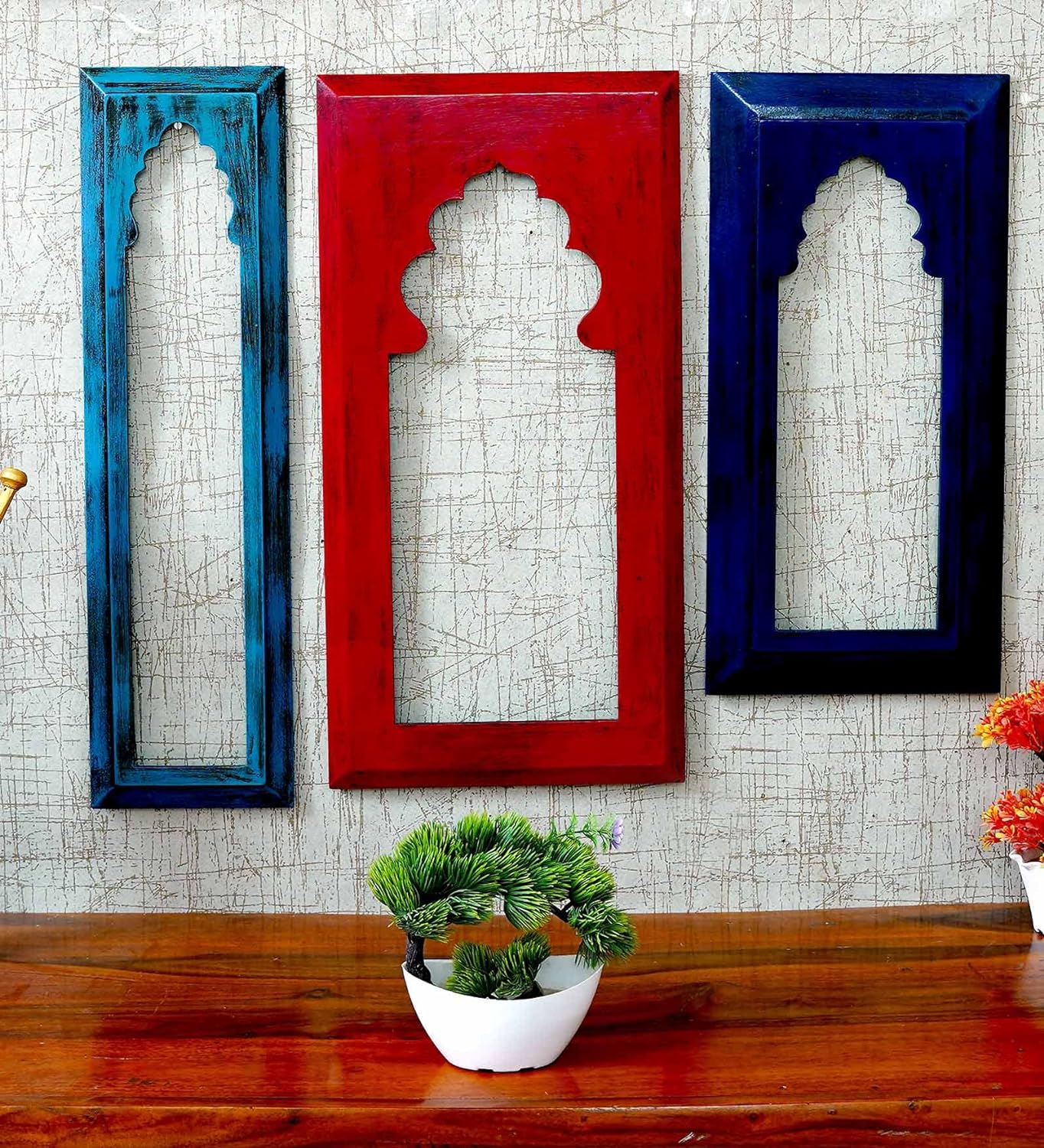 MDF Wall Hanging Set of 3 Carving Jharokha Frame in Multicolour