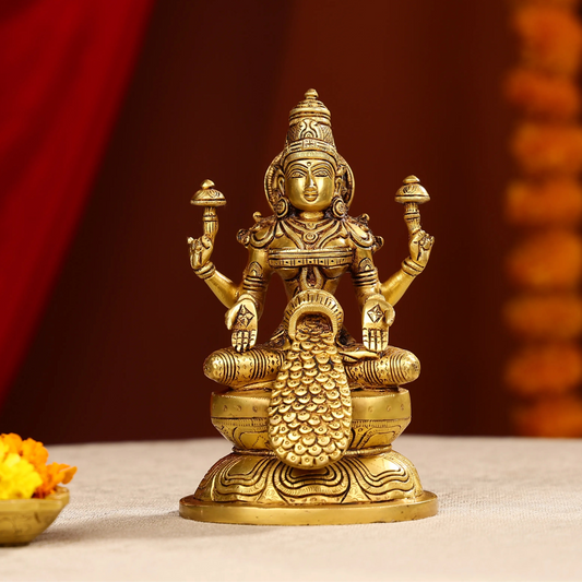 8" Brass Goddess Laxmi Showering Wealth Idol