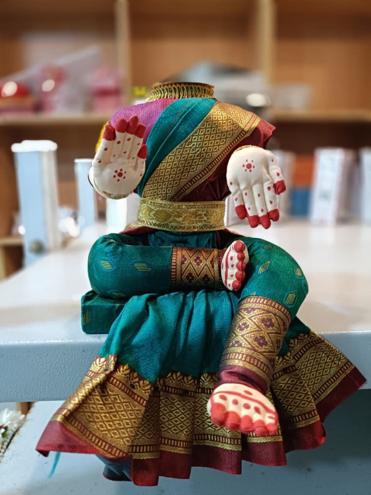 8 inch handcrafted Lakshmi doll base with Banarasi silk fabric and brass Kalash-ArtyCraftz.com